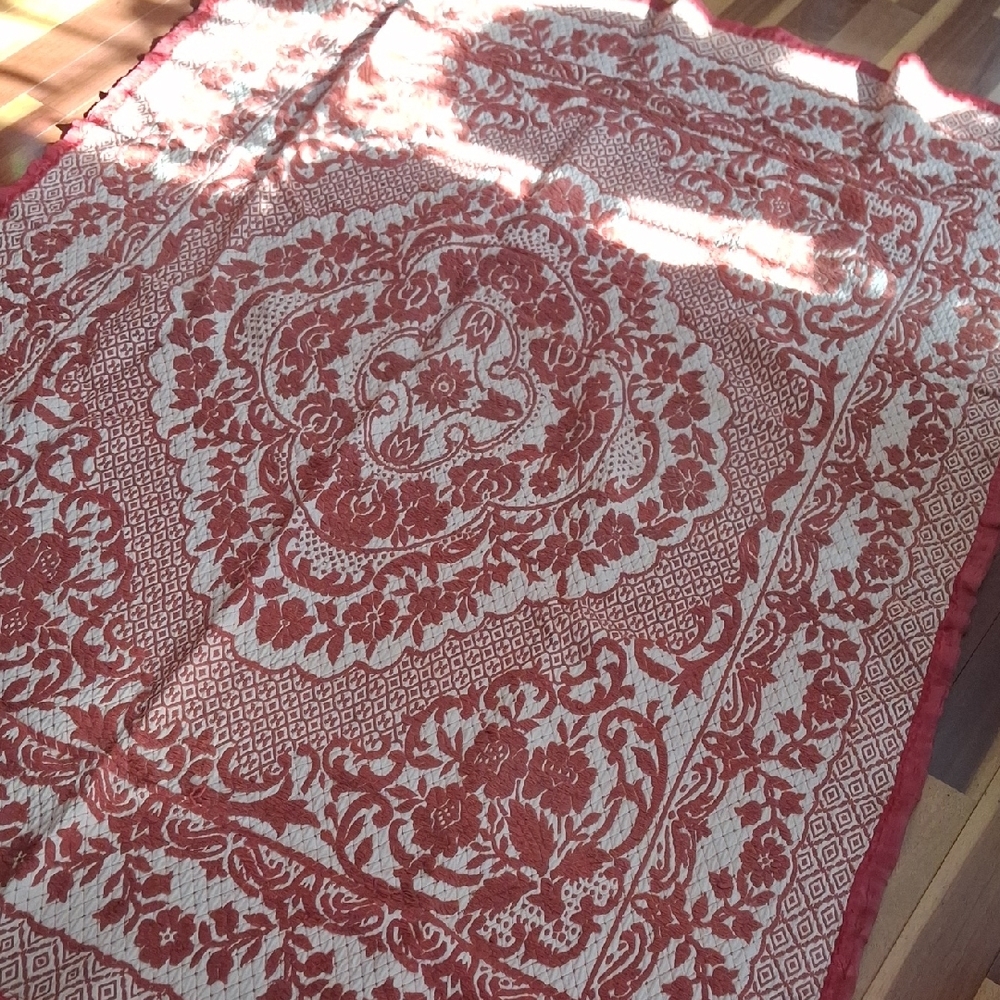 Antique red & cream coverlet 52x70 wool and cotton with binding